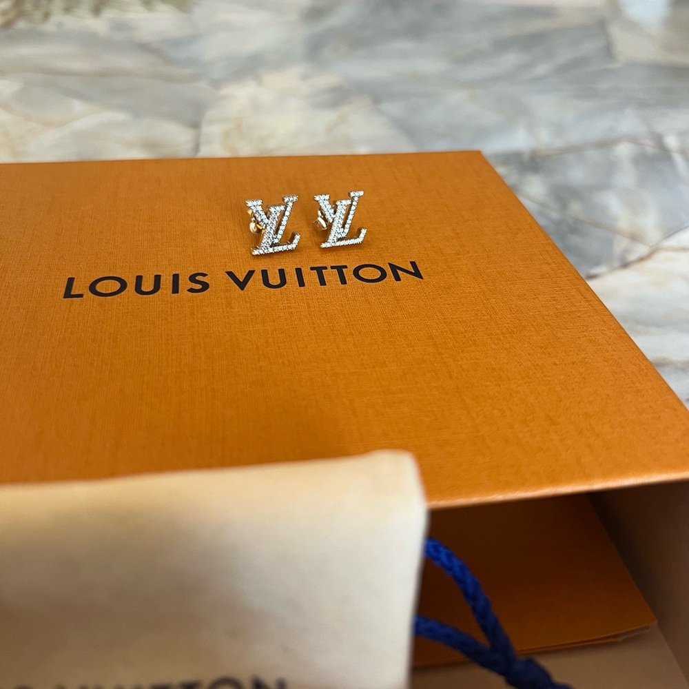 Authentic Louis Vuitton Iconic Gold and Clear Crystal LV Stud Earrings - Picture 2 of 5